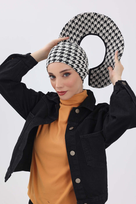 Leopard & Houndstooth Pattern Turban Sun Hat with Detachable Elastic-Fit Visor, Sun Protective Head Cover for Women,S-3DIV