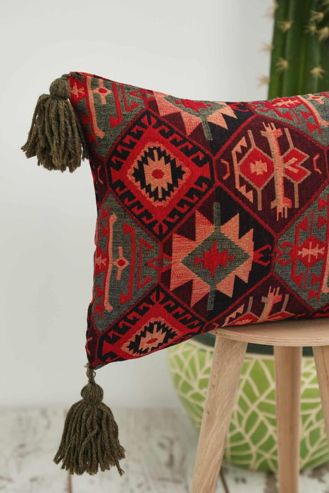 Rustic Kilim Pillow Cover with Tassels, Decorative Throw Pillow Cover with Southwestern Kilim Geometric Pattern,K-402