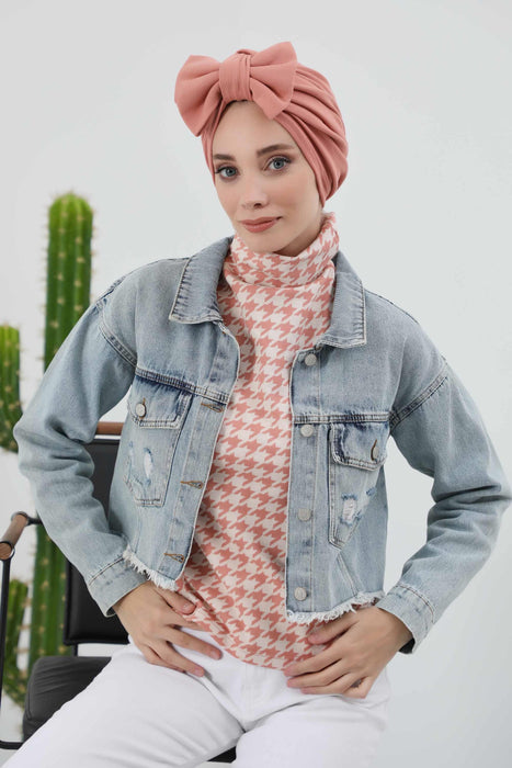 Comfortable Winter Turban Bonnet with Detachable Bowtie, One-Size Removable Bow Turban for Cold Weather, Cozy Ribbed Instant Turban,B-27RB