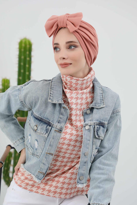 Comfortable Winter Turban Bonnet with Detachable Bowtie, One-Size Removable Bow Turban for Cold Weather, Cozy Ribbed Instant Turban,B-27RB