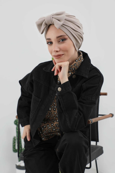 Comfortable Winter Turban Bonnet with Detachable Bowtie, One-Size Removable Bow Turban for Cold Weather, Cozy Ribbed Instant Turban,B-27RB