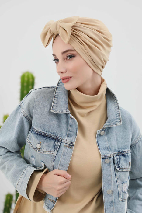 Comfortable Winter Turban Bonnet with Detachable Bowtie, One-Size Removable Bow Turban for Cold Weather, Cozy Ribbed Instant Turban,B-27RB