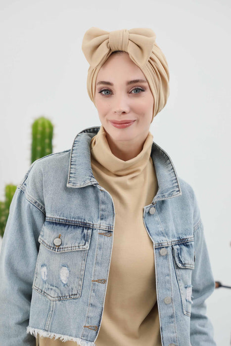 Comfortable Winter Turban Bonnet with Detachable Bowtie, One-Size Removable Bow Turban for Cold Weather, Cozy Ribbed Instant Turban,B-27RB