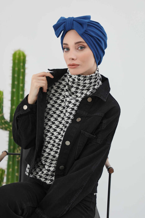 Comfortable Winter Turban Bonnet with Detachable Bowtie, One-Size Removable Bow Turban for Cold Weather, Cozy Ribbed Instant Turban,B-27RB