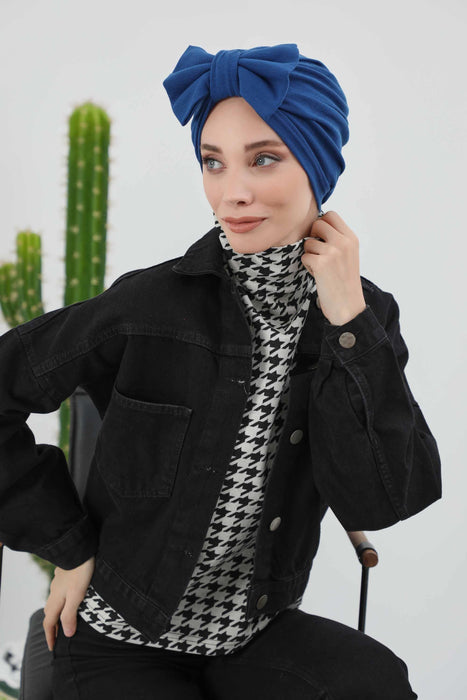 Comfortable Winter Turban Bonnet with Detachable Bowtie, One-Size Removable Bow Turban for Cold Weather, Cozy Ribbed Instant Turban,B-27RB