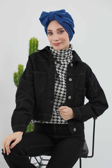 Comfortable Winter Turban Bonnet with Detachable Bowtie, One-Size Removable Bow Turban for Cold Weather, Cozy Ribbed Instant Turban,B-27RB