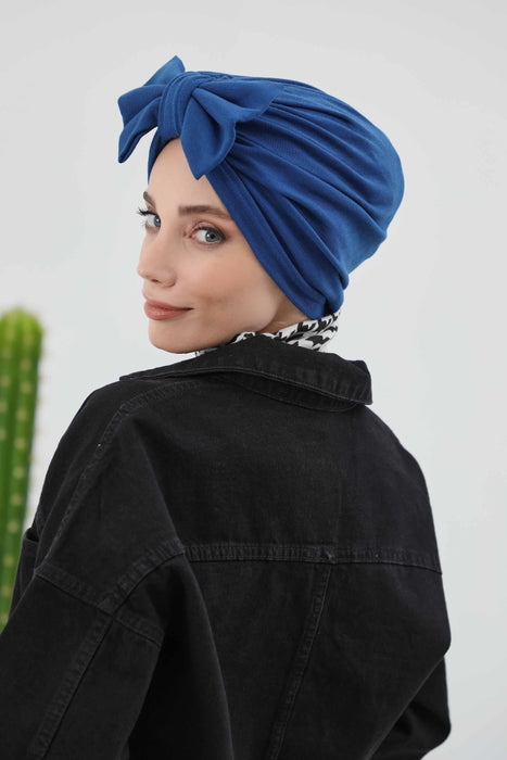 Comfortable Winter Turban Bonnet with Detachable Bowtie, One-Size Removable Bow Turban for Cold Weather, Cozy Ribbed Instant Turban,B-27RB