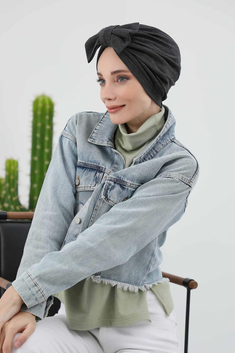 Comfortable Winter Turban Bonnet with Detachable Bowtie, One-Size Removable Bow Turban for Cold Weather, Cozy Ribbed Instant Turban,B-27RB