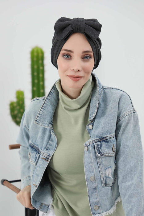 Comfortable Winter Turban Bonnet with Detachable Bowtie, One-Size Removable Bow Turban for Cold Weather, Cozy Ribbed Instant Turban,B-27RB