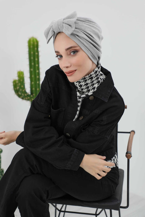 Comfortable Winter Turban Bonnet with Detachable Bowtie, One-Size Removable Bow Turban for Cold Weather, Cozy Ribbed Instant Turban,B-27RB