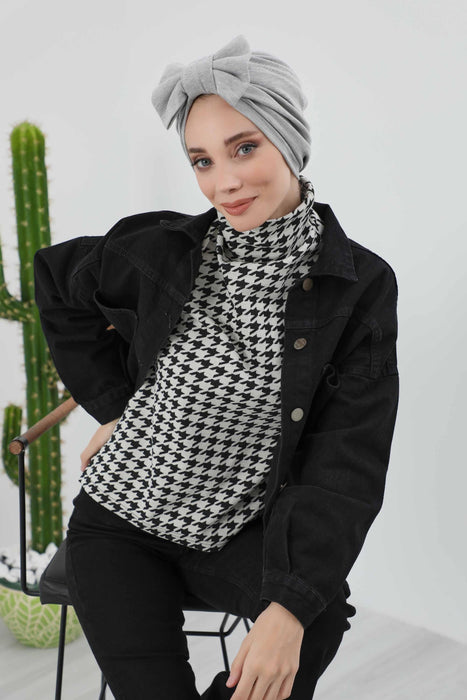 Comfortable Winter Turban Bonnet with Detachable Bowtie, One-Size Removable Bow Turban for Cold Weather, Cozy Ribbed Instant Turban,B-27RB