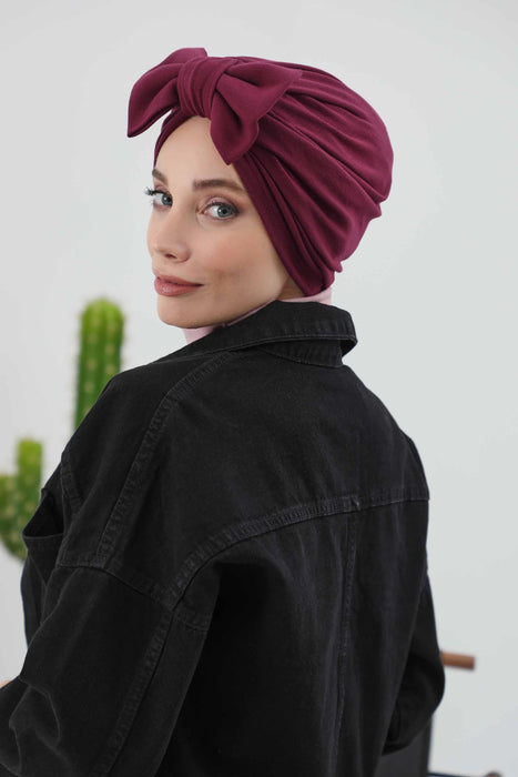 Comfortable Winter Turban Bonnet with Detachable Bowtie, One-Size Removable Bow Turban for Cold Weather, Cozy Ribbed Instant Turban,B-27RB