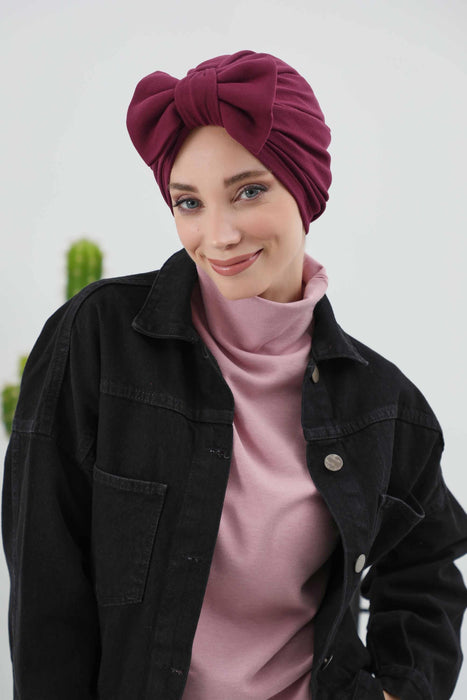 Comfortable Winter Turban Bonnet with Detachable Bowtie, One-Size Removable Bow Turban for Cold Weather, Cozy Ribbed Instant Turban,B-27RB