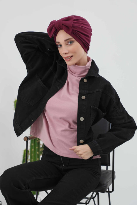 Comfortable Winter Turban Bonnet with Detachable Bowtie, One-Size Removable Bow Turban for Cold Weather, Cozy Ribbed Instant Turban,B-27RB