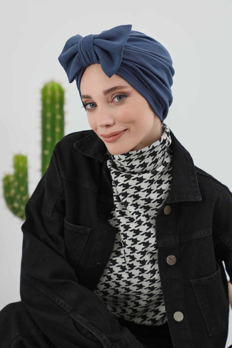 Comfortable Winter Turban Bonnet with Detachable Bowtie, One-Size Removable Bow Turban for Cold Weather, Cozy Ribbed Instant Turban,B-27RB