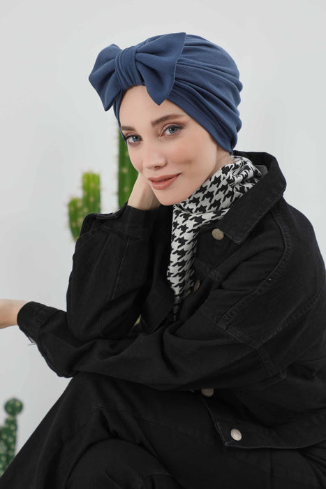 Comfortable Winter Turban Bonnet with Detachable Bowtie, One-Size Removable Bow Turban for Cold Weather, Cozy Ribbed Instant Turban,B-27RB