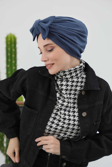 Comfortable Winter Turban Bonnet with Detachable Bowtie, One-Size Removable Bow Turban for Cold Weather, Cozy Ribbed Instant Turban,B-27RB