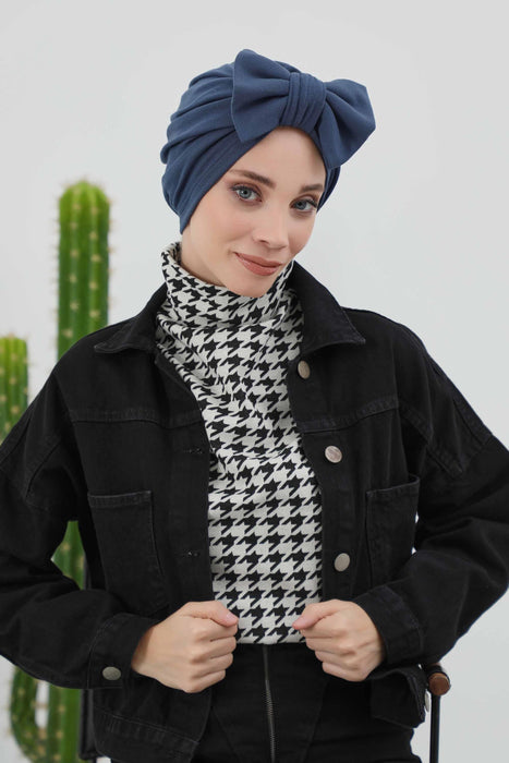 Comfortable Winter Turban Bonnet with Detachable Bowtie, One-Size Removable Bow Turban for Cold Weather, Cozy Ribbed Instant Turban,B-27RB