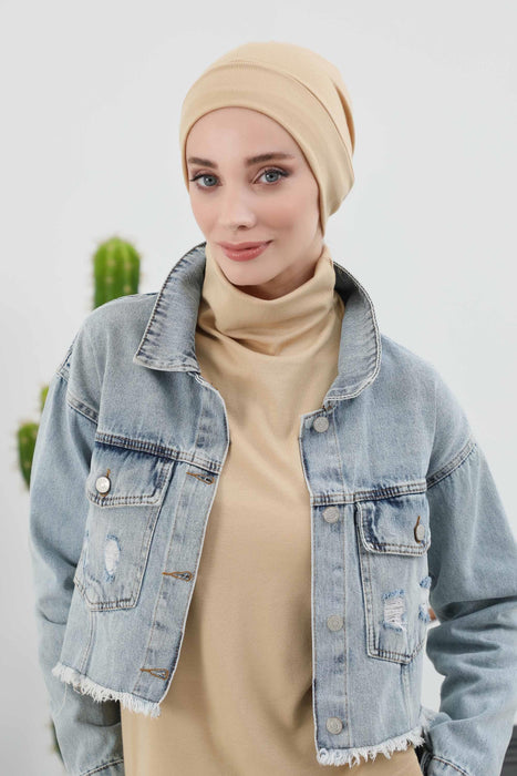 Soft Polyviscose Inner Turban Bonnet for Women, Easy Wear Instant Turban Bonnet, Soft Plain Color Ribbed Winter Chemo Headwear,B-37RB