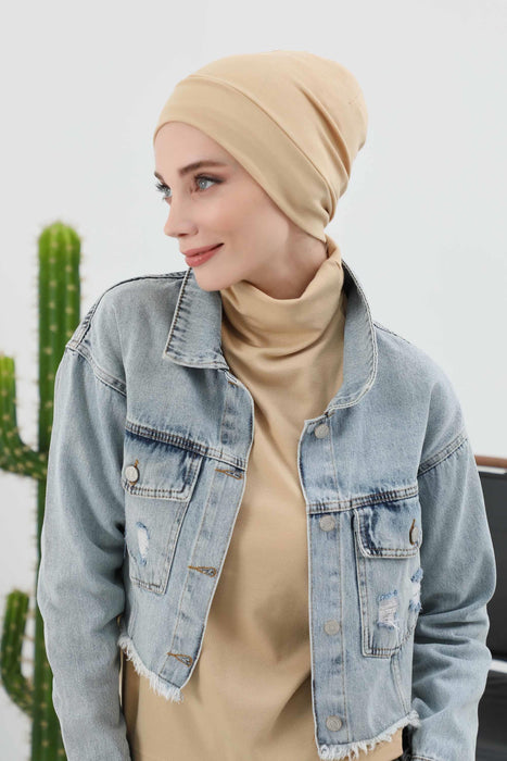 Soft Polyviscose Inner Turban Bonnet for Women, Easy Wear Instant Turban Bonnet, Soft Plain Color Ribbed Winter Chemo Headwear,B-37RB