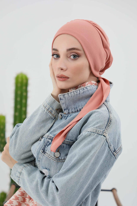 Women's Adjustable Ribbed Turban Bonnet with Long Tail, Instant Winter Turban Bonnet with Tie-Back Tail, Fashionable Women Hijab,B-49RB