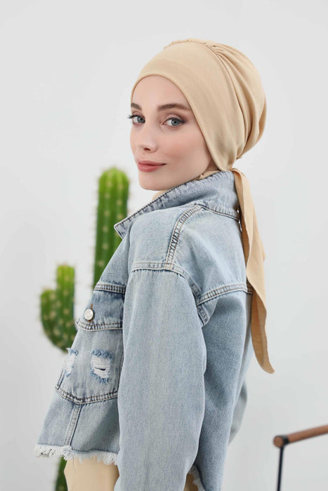 Women's Adjustable Ribbed Turban Bonnet with Long Tail, Instant Winter Turban Bonnet with Tie-Back Tail, Fashionable Women Hijab,B-49RB