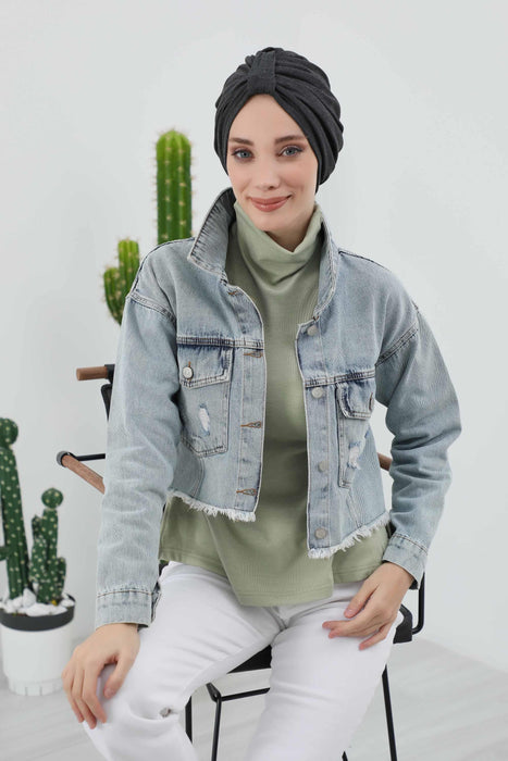 Gemütlicher, gerippter Winterturban aus Stretchmaterial für Krebspatientinnen, leicht zu tragender Instant-Turban-Hijab, weiches Chemo-Kopftuch für Frauen, B-68RB