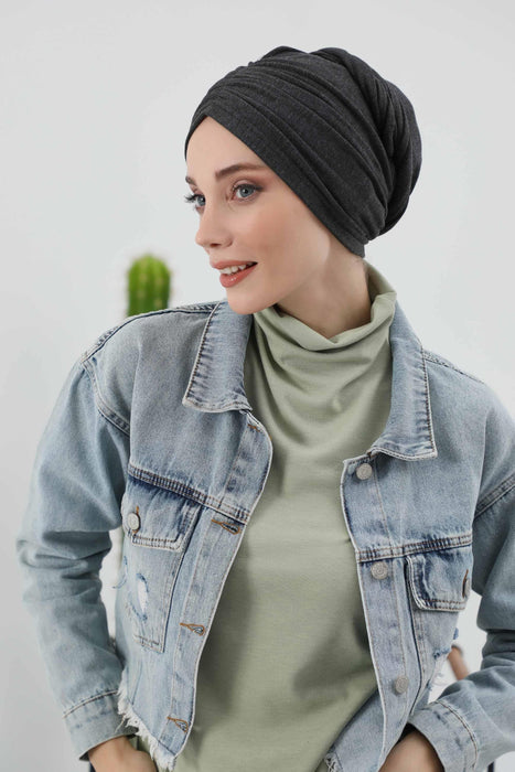 Nahtlose Winter-Turbanhaube mit integriertem Schal, gemütliches geripptes Kopftuch für Damen, stilvolle Instant-Turbanhaube für Damen, B-81RB