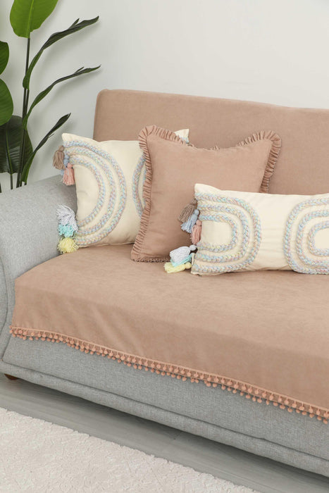 3-Seater Full Sofa Cover with Pom Poms, Cozy Knit Fabric Couch Protector for Seat and Back, Full Couch Slipcover in Soft Knit Fabric,KO-34