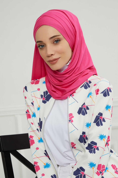 95% Cotton Adjustable Hijab Shawl, Easy to Wear Shawl Head Scarf for Women for Everyday Elegance, Instant Shawl for Modest Fashion,CPS-31 Fuchsia