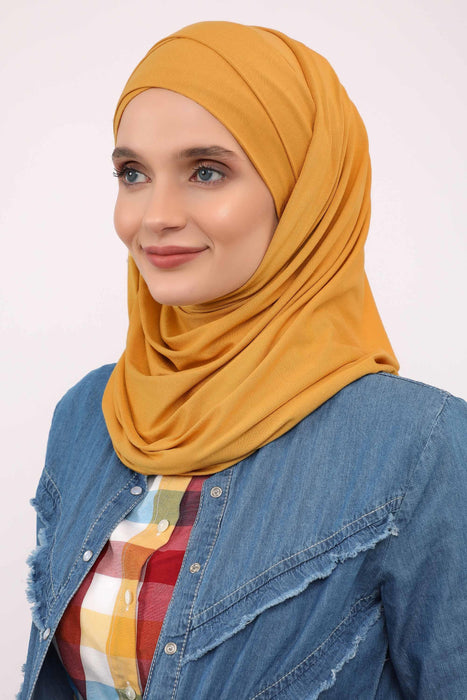 95% Cotton Adjustable Hijab Shawl, Easy to Wear Shawl Head Scarf for Women for Everyday Elegance, Instant Shawl for Modest Fashion,CPS-31 Mustard Yellow