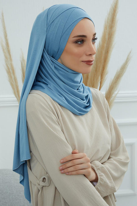 95% Cotton Adjustable Hijab Shawl, Easy to Wear Shawl Head Scarf for Women for Everyday Elegance, Instant Shawl for Modest Fashion,CPS-31 Blue