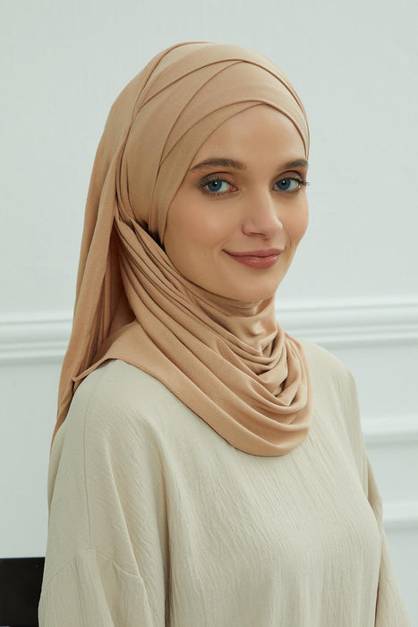 95% Cotton Adjustable Hijab Shawl, Easy to Wear Shawl Head Scarf for Women for Everyday Elegance, Instant Shawl for Modest Fashion,CPS-31 Sand Brown