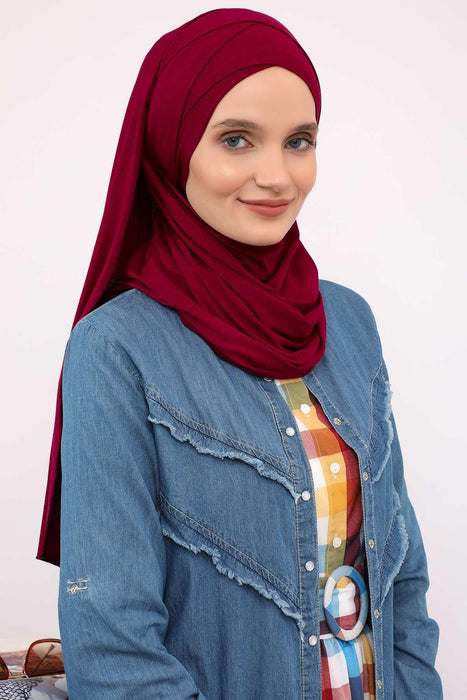 95% Cotton Adjustable Hijab Shawl, Easy to Wear Shawl Head Scarf for Women for Everyday Elegance, Instant Shawl for Modest Fashion,CPS-31 Maroon