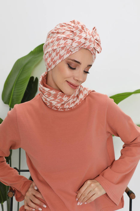 Patterned Winter Scarf Turban for Women, Polyviscose Stretch Turban with Scarf, Stylish One-Size Headwrap for Women,B-80DIV