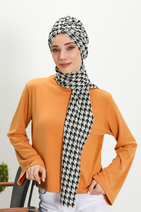 Patterned Winter Scarf Turban for Women, Polyviscose Stretch Turban with Scarf, Stylish One-Size Headwrap for Women,B-80DIV