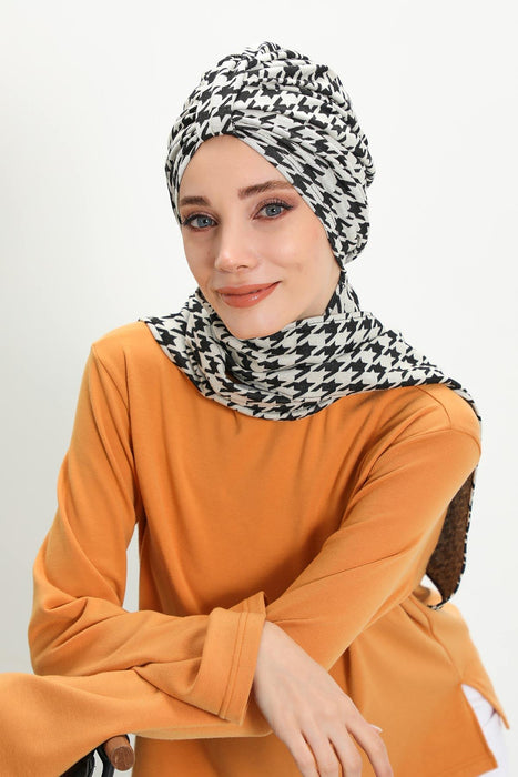 Patterned Winter Scarf Turban for Women, Polyviscose Stretch Turban with Scarf, Stylish One-Size Headwrap for Women,B-80DIV