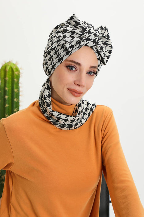 Patterned Winter Scarf Turban for Women, Polyviscose Stretch Turban with Scarf, Stylish One-Size Headwrap for Women,B-80DIV