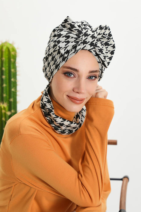 Patterned Winter Scarf Turban for Women, Polyviscose Stretch Turban with Scarf, Stylish One-Size Headwrap for Women,B-80DIV