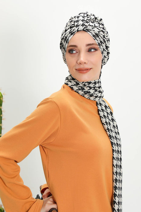 Patterned Winter Scarf Turban for Women, Polyviscose Stretch Turban with Scarf, Stylish One-Size Headwrap for Women,B-80DIV