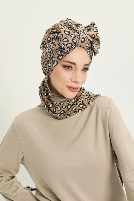 Patterned Winter Scarf Turban for Women, Polyviscose Stretch Turban with Scarf, Stylish One-Size Headwrap for Women,B-80DIV