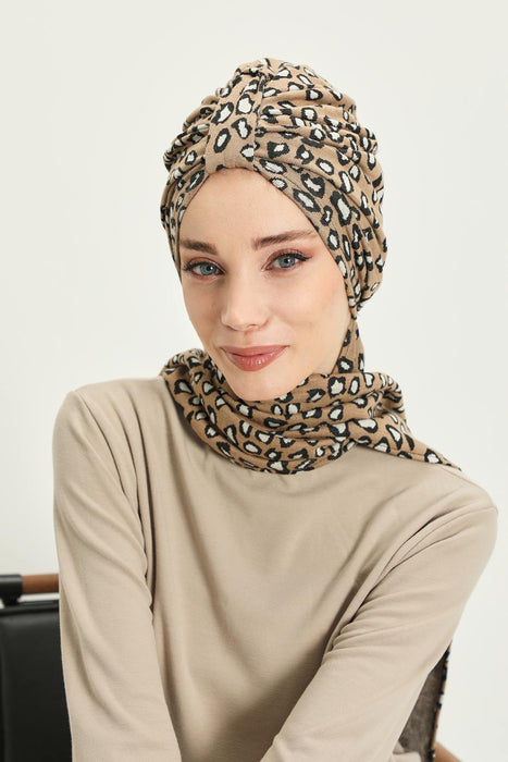 Patterned Winter Scarf Turban for Women, Polyviscose Stretch Turban with Scarf, Stylish One-Size Headwrap for Women,B-80DIV