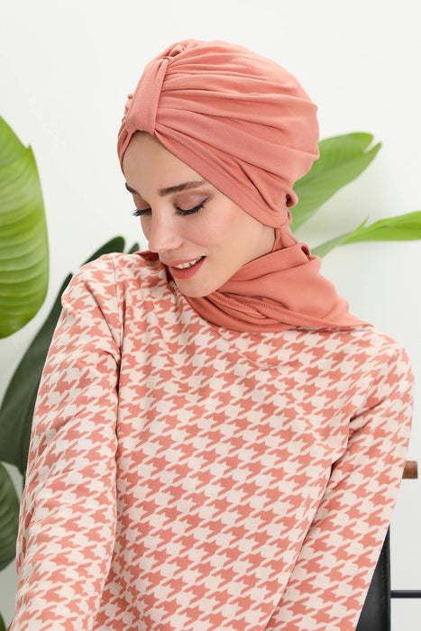 Winter Scarf Turban for Women, Stretch Ribbed Fabric Turban with Scarf, Elegant One-Size Winter Headwear,B-80RB