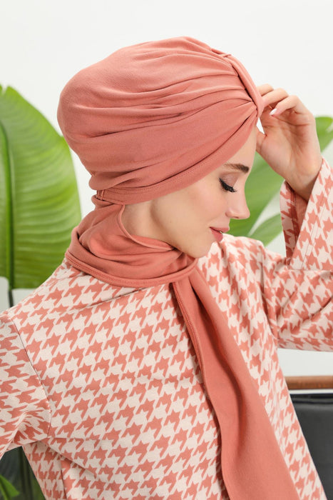 Winter Scarf Turban for Women, Stretch Ribbed Fabric Turban with Scarf, Elegant One-Size Winter Headwear,B-80RB