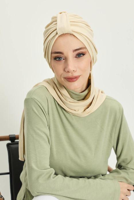 Winter Scarf Turban for Women, Stretch Ribbed Fabric Turban with Scarf, Elegant One-Size Winter Headwear,B-80RB