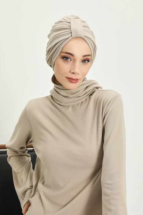 Winter Scarf Turban for Women, Stretch Ribbed Fabric Turban with Scarf, Elegant One-Size Winter Headwear,B-80RB