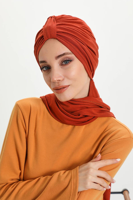 Winter Scarf Turban for Women, Stretch Ribbed Fabric Turban with Scarf, Elegant One-Size Winter Headwear,B-80RB