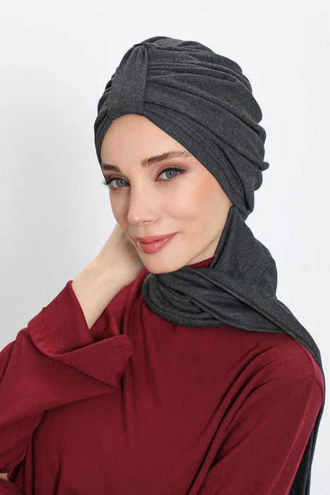 Winter Scarf Turban for Women, Stretch Ribbed Fabric Turban with Scarf, Elegant One-Size Winter Headwear,B-80RB