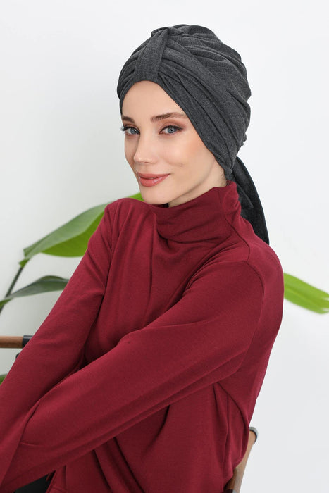 Winter Scarf Turban for Women, Stretch Ribbed Fabric Turban with Scarf, Elegant One-Size Winter Headwear,B-80RB