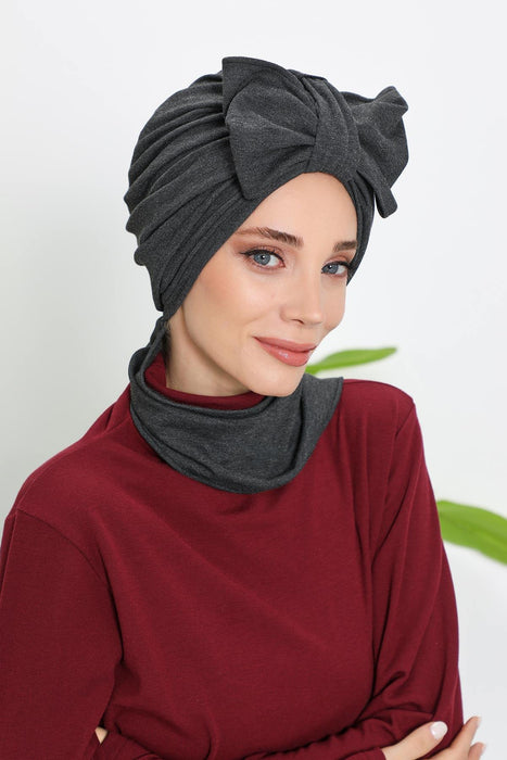 Winter Scarf Turban for Women, Stretch Ribbed Fabric Turban with Scarf, Elegant One-Size Winter Headwear,B-80RB